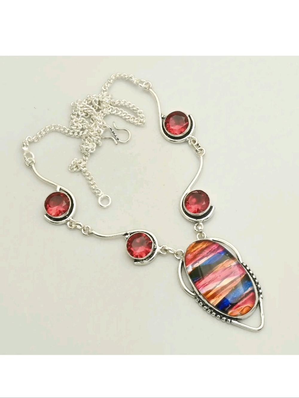 Ammolite Fossil, Garnet Gemstone Jewelry 925 Sterling Silver Pendant Necklace